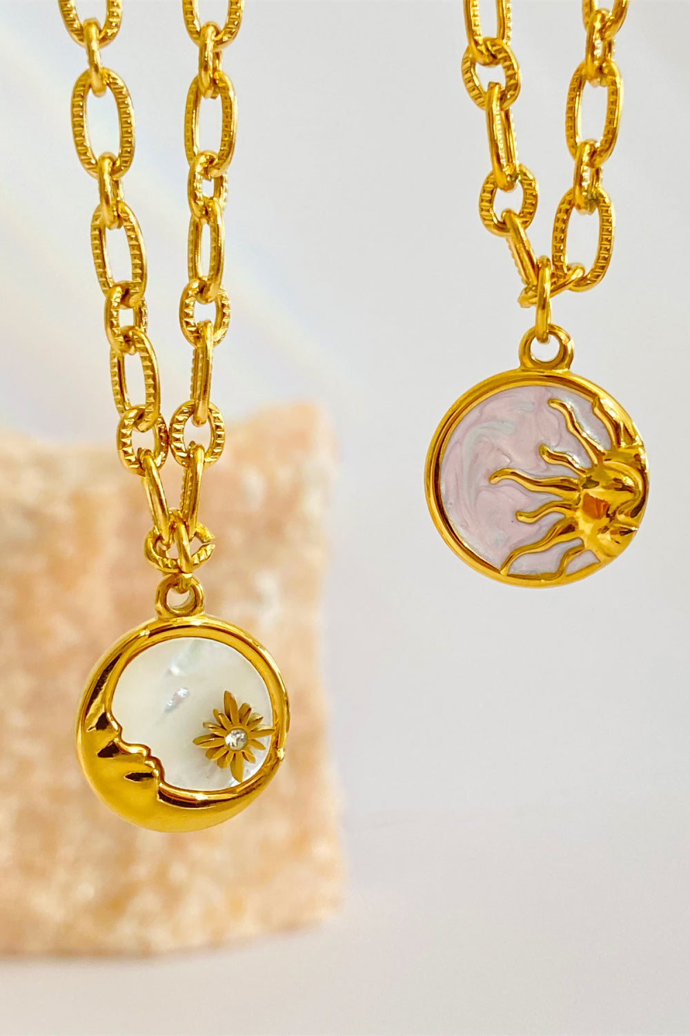 Celestial charm necklace with sun and moon pendants, 18K gold-plated chain