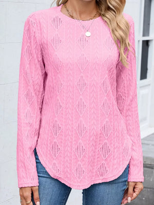 Green Textured Diamond Knit Long Sleeve T-shirt