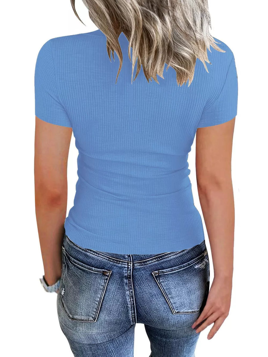 Black Ribbed Knit T-shirt With Button Detail