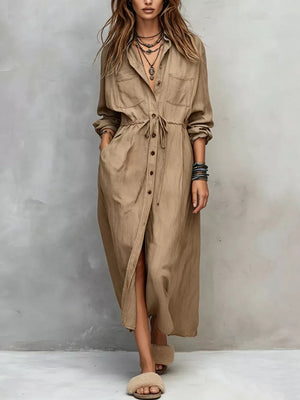 Full Size Button Front Long Sleeve Shirt Dress Plus Size in Khaki