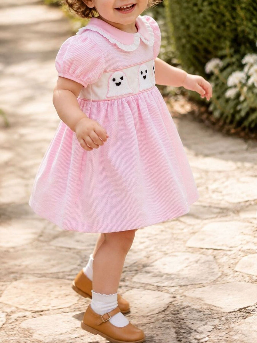 A-line dress in white with striped and ruffled