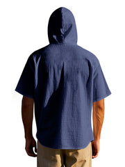 Navy blue cotton hooded shirt with short sleeves and pocket detail, shown from the back.