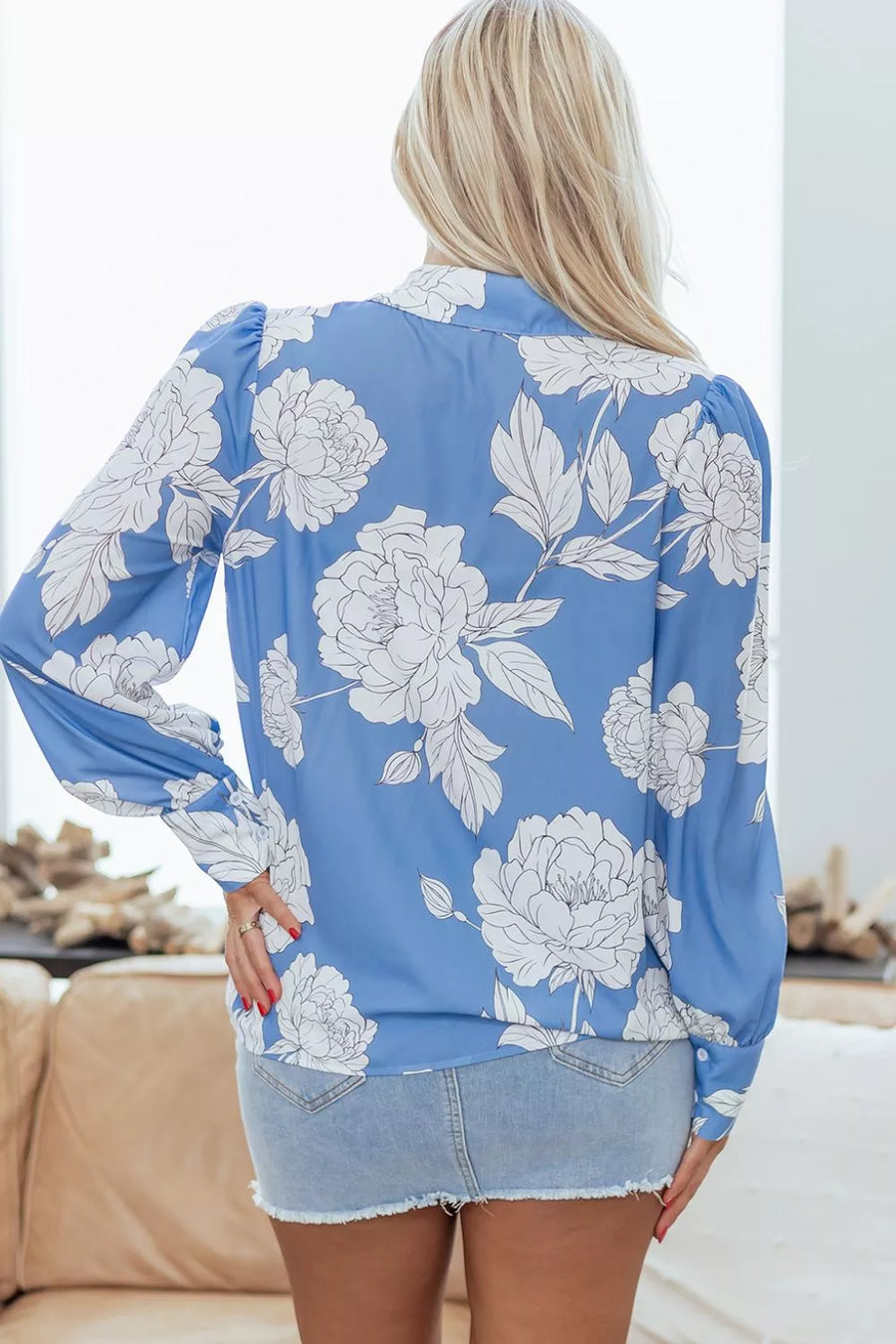 Blue with Floral Print Button-up Shirt