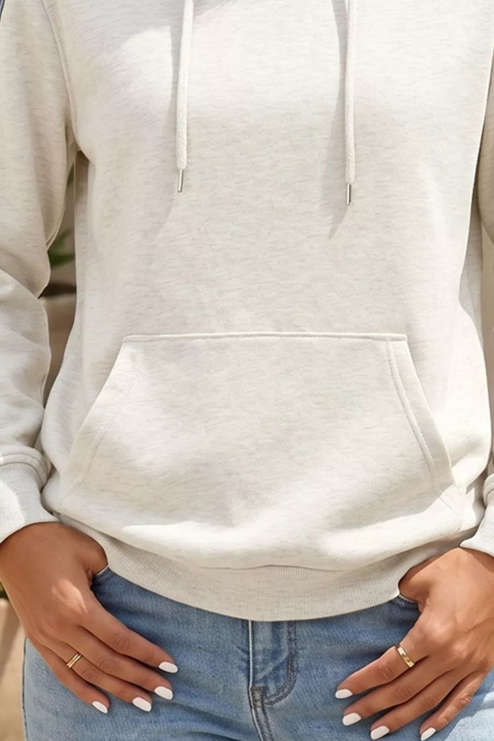 Colorblock Denim Sleeve Tunic Pullover Hoodie in Light Gray