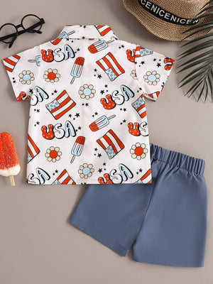 Toddler cotton outfit set with USA flag, popsicle, and flower print shirt and blue shorts.