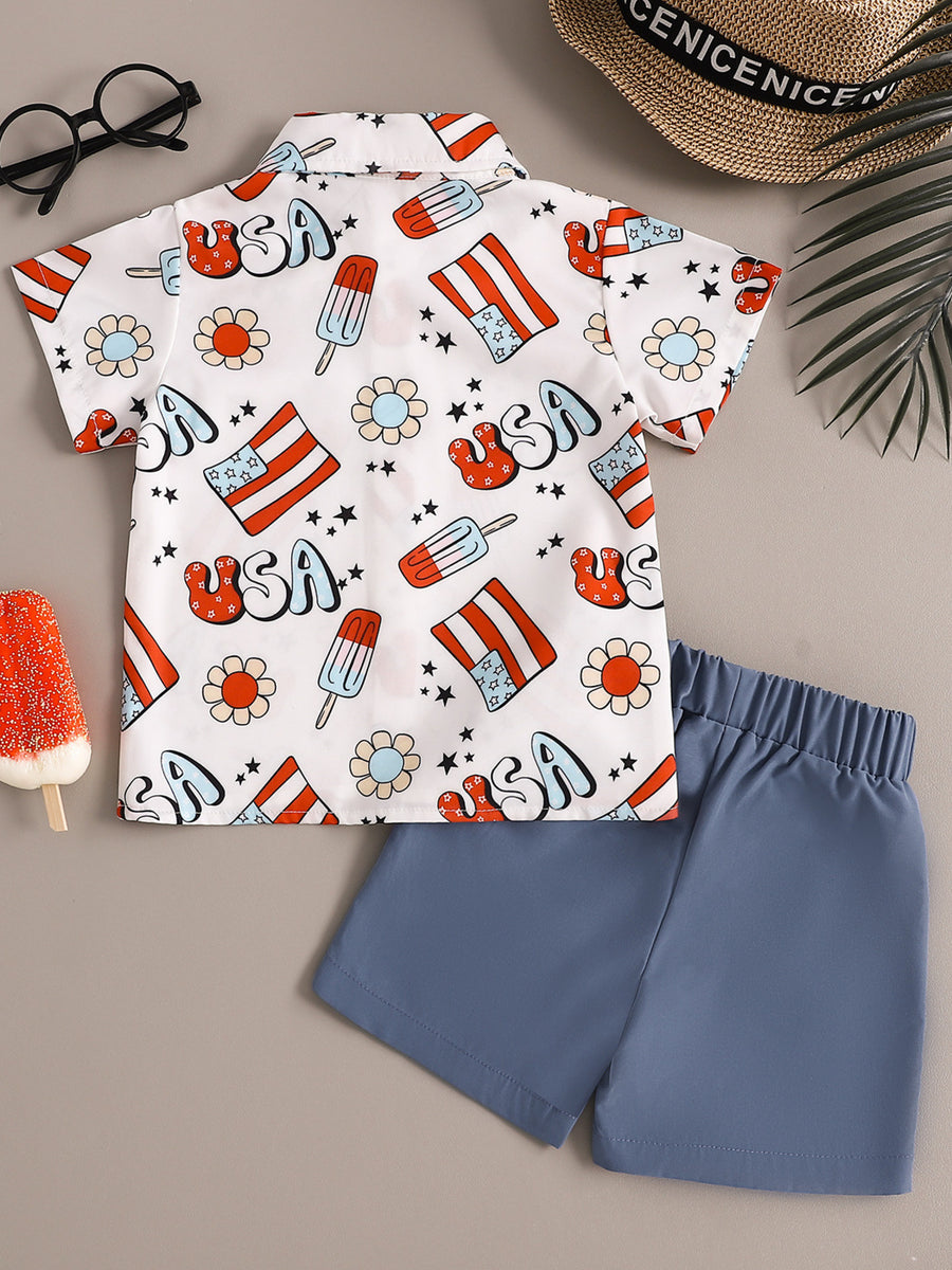 Toddler cotton outfit set with USA flag, popsicle, and flower print shirt and blue shorts.
