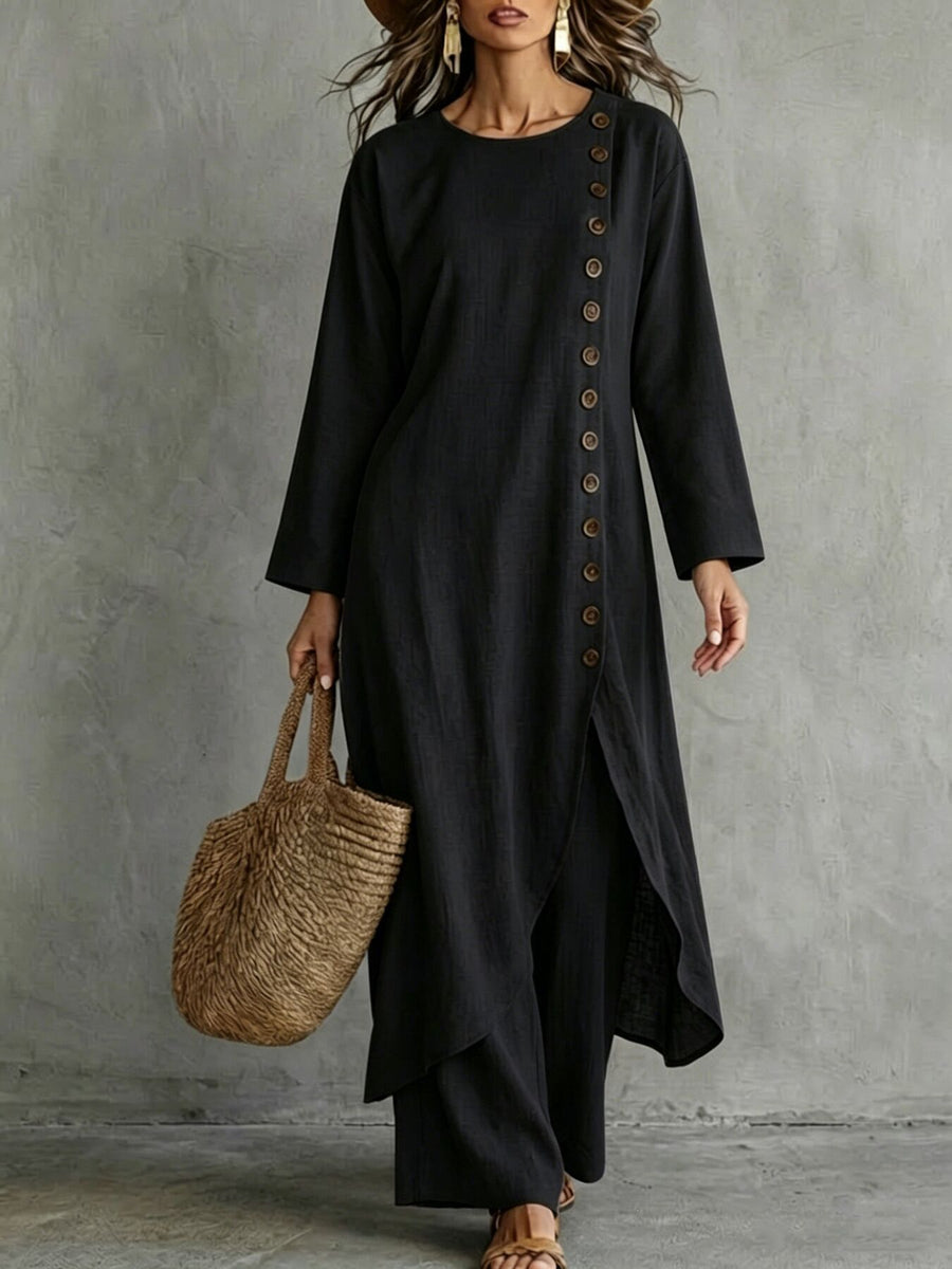 100% polyester Care instructions: Machine wash cold top and pants set in Black with relaxed silhouette