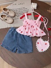 Pink gingham strawberry smocked top with denim shorts and heart purse.