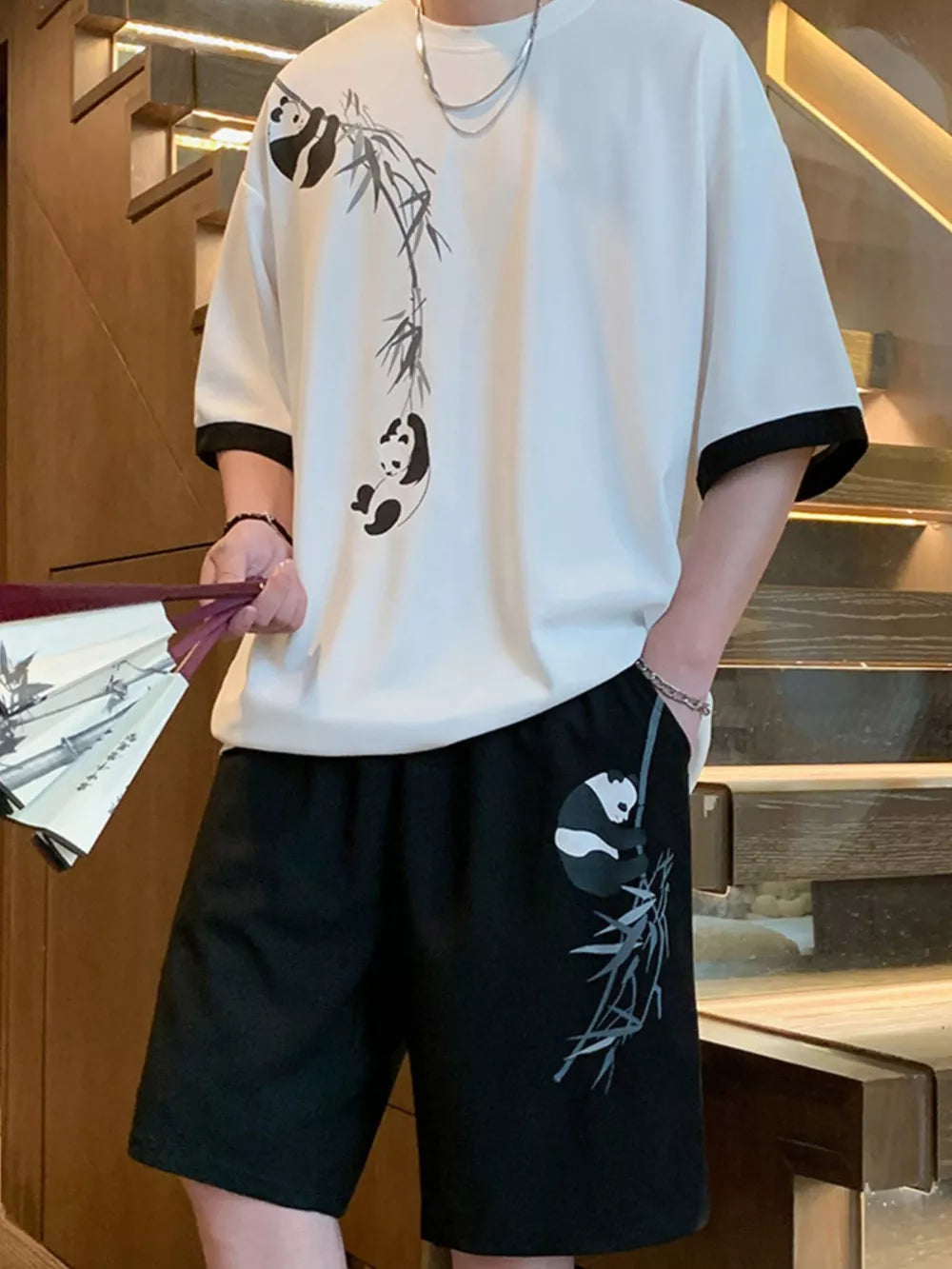 White Men's Full Size Panda Bamboo Print Tee And Shorts Set