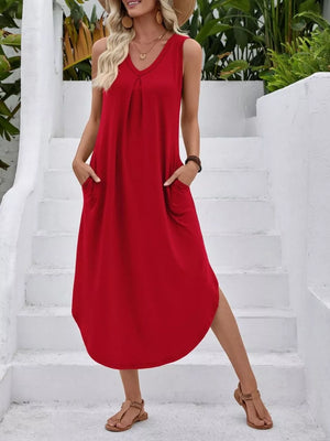 Sleeveless V-neck midi dress in deep red cotton with pockets and a relaxed fit.