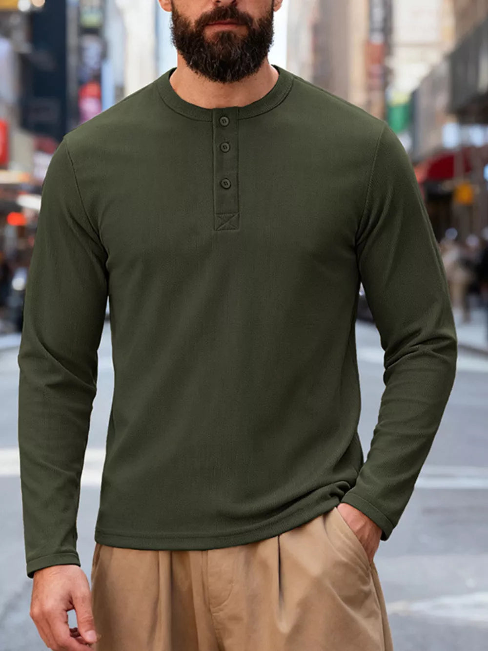 Men's long sleeve Army Green Henley t-shirt with button placket and crew neck.