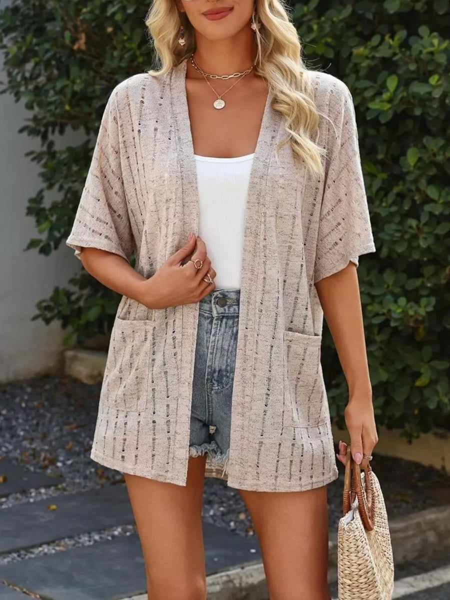 Openwork Open Front Cardigan in Khaki, view 19