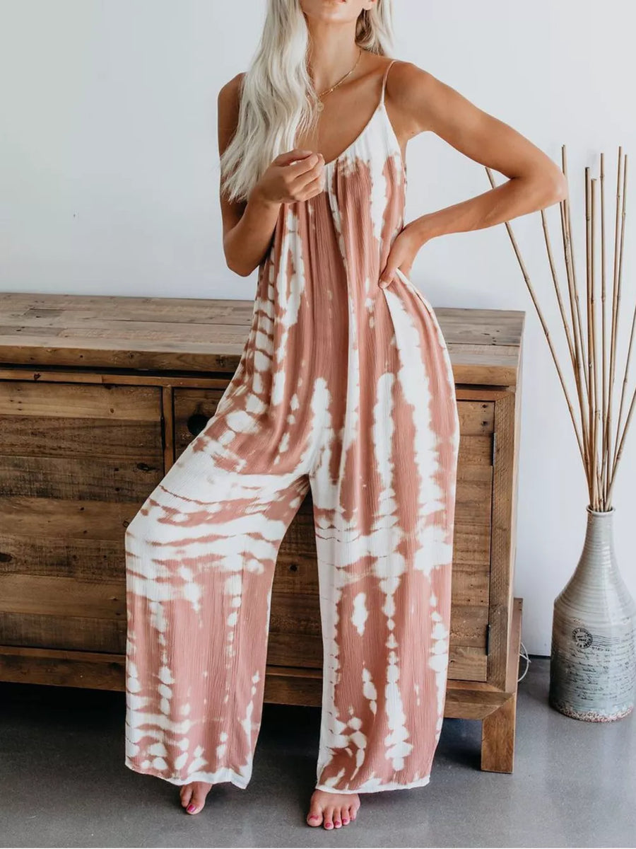 Jumpsuit with tie dye pattern, rust and white, spaghetti straps, V-neck, wide leg