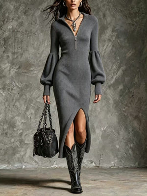 Black sweater dress with midi and quarter-zip