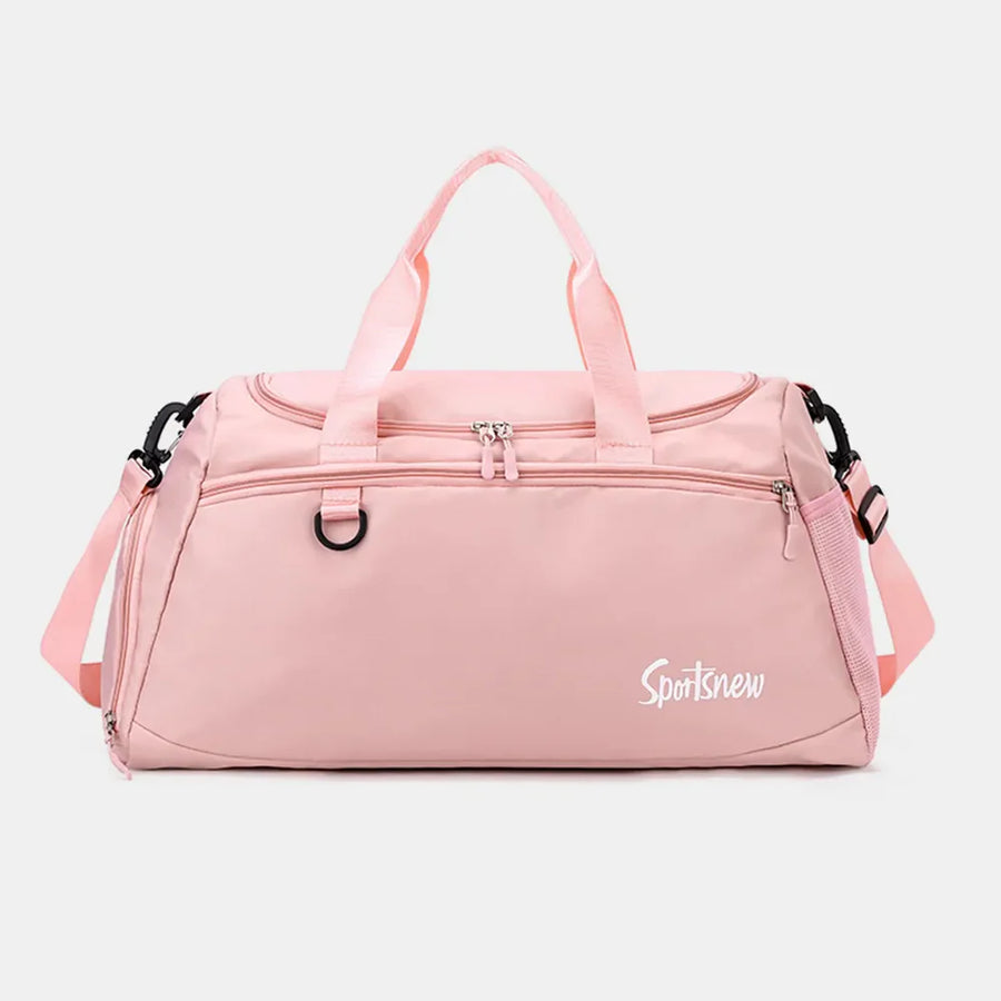 Sportsnew nylon duffle bag in watermelon pink with mesh pocket and adjustable strap.