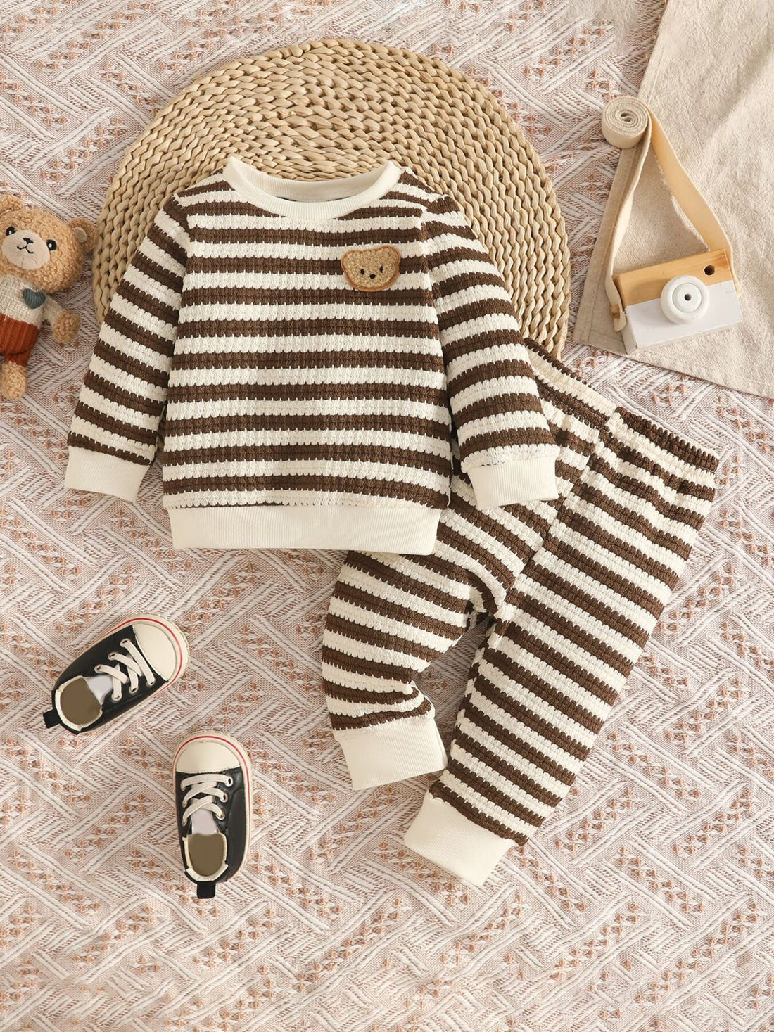 pajama set in ivory with striped and chenille patch
