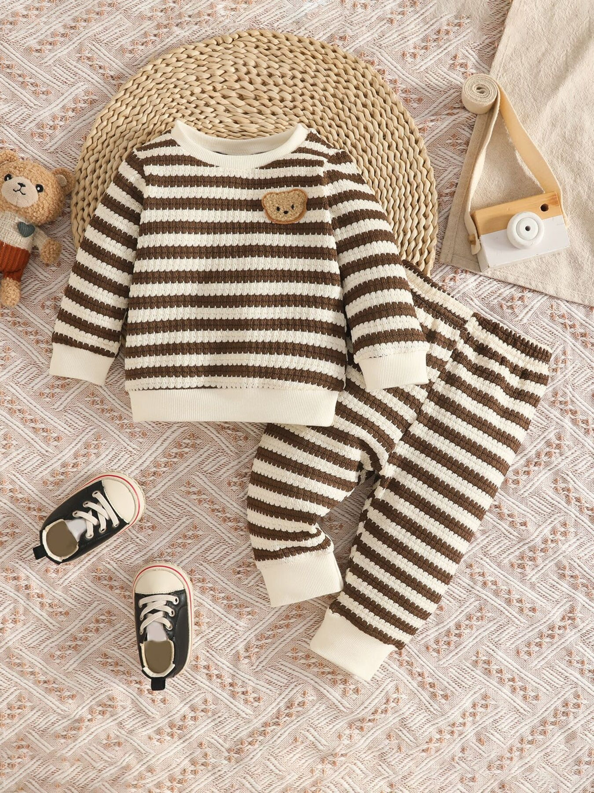 pajama set in ivory with striped and chenille patch