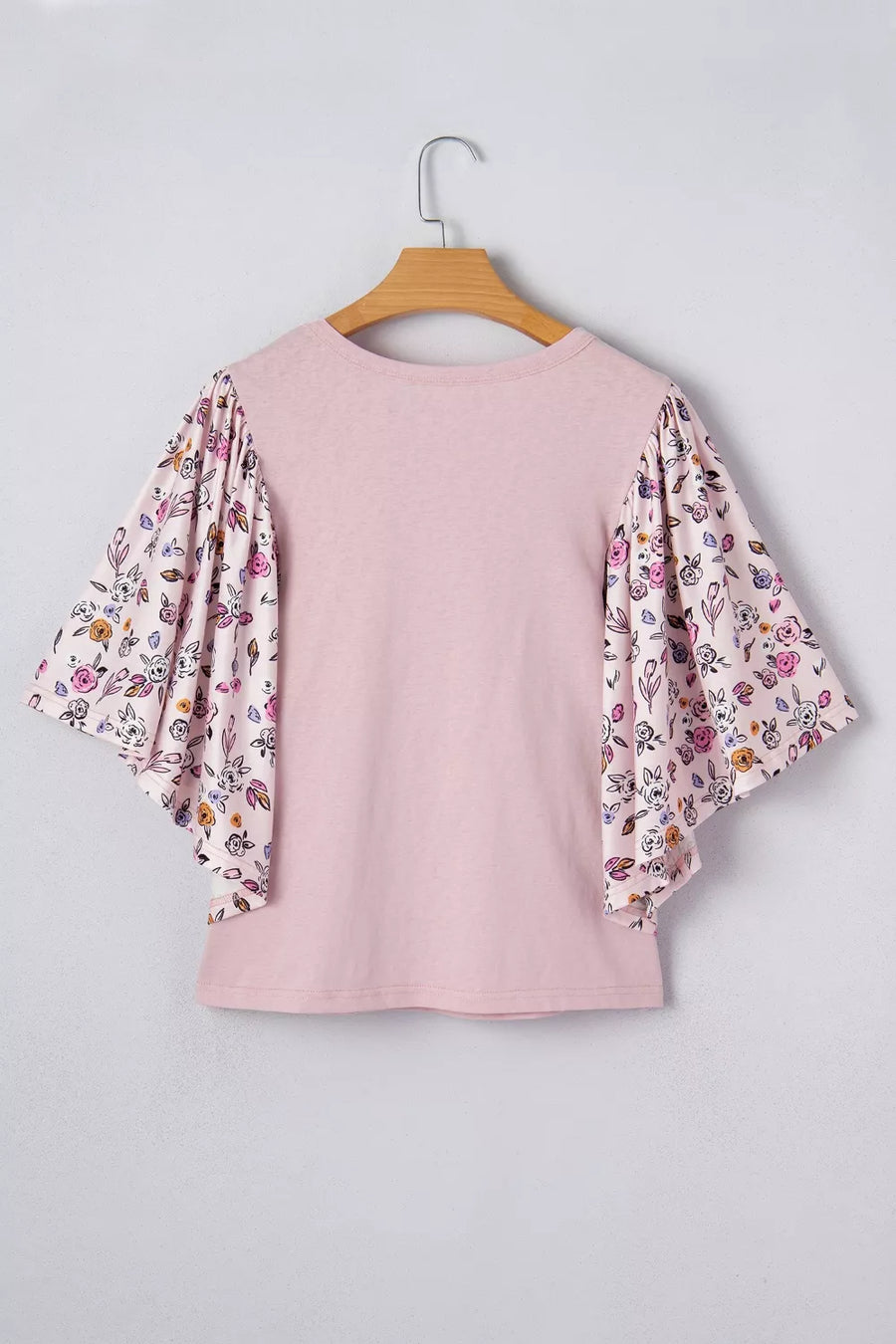 Maternity crew neck shirt in pink cotton with floral patchwork flutter sleeves.