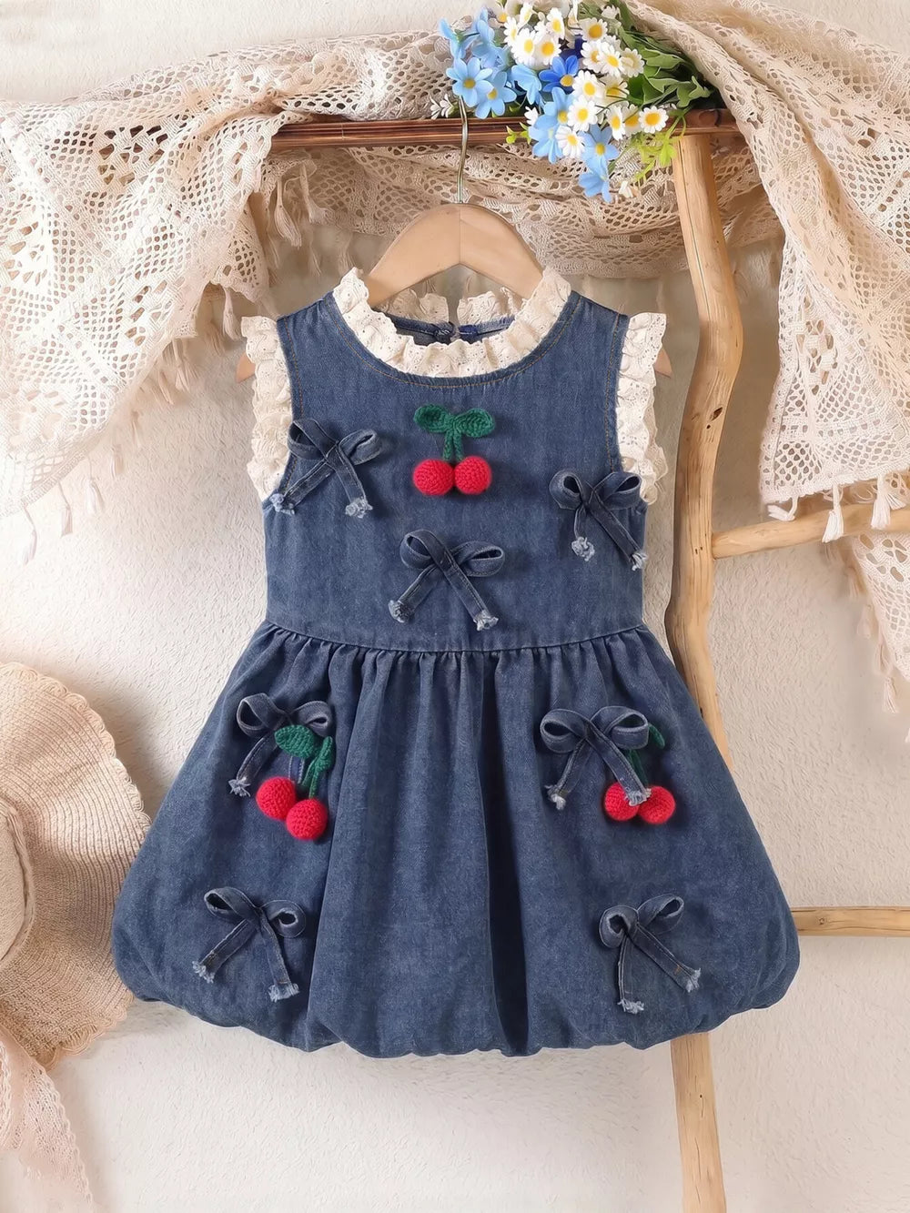 Children's Denim Cherry Applique Dress in Navy