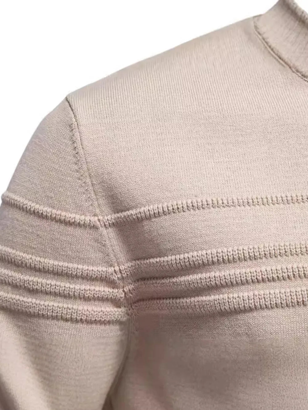Textured crewneck knit sweater in Dust Storm with ribbed panel details on the shoulder.