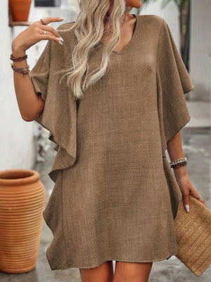 Khaki V-neck mini dress with flowy sleeves and tiered hem