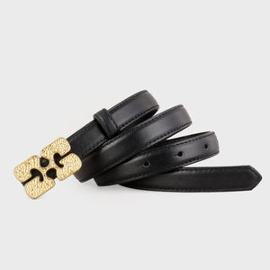 Black cowhide leather belt with textured gold buckle