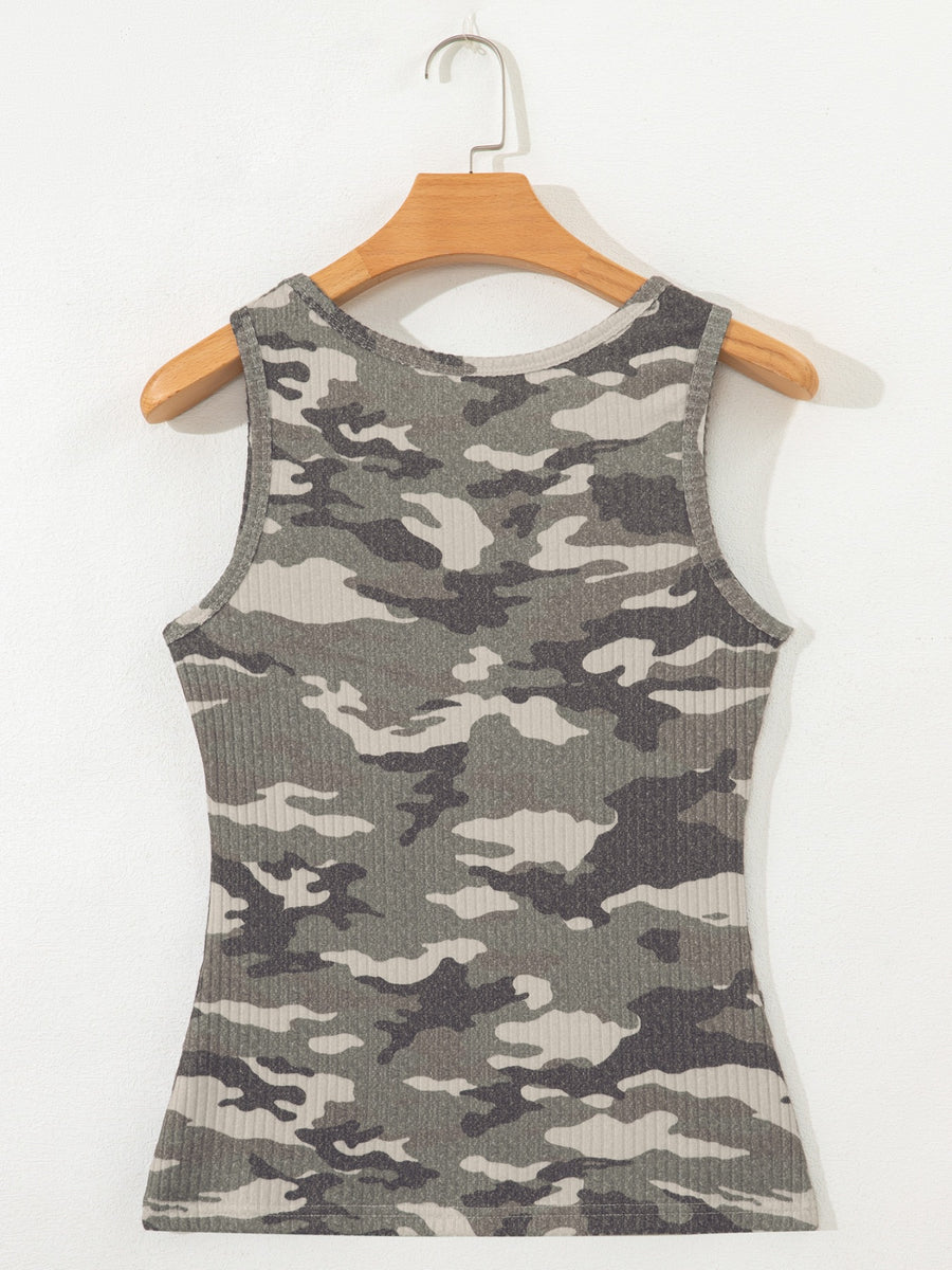 Ribbed knit camouflage tank top in army green and gray with a round neckline.