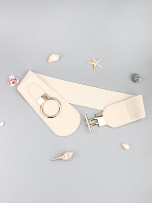 Cream elastic belt with faux leather ends and gold ring and buckle closure