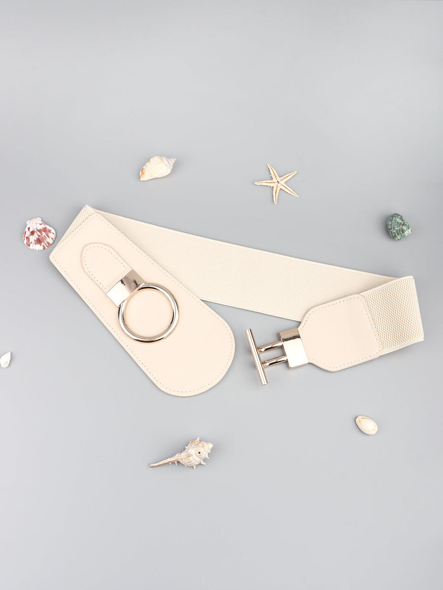Cream elastic belt with faux leather ends and gold ring and buckle closure
