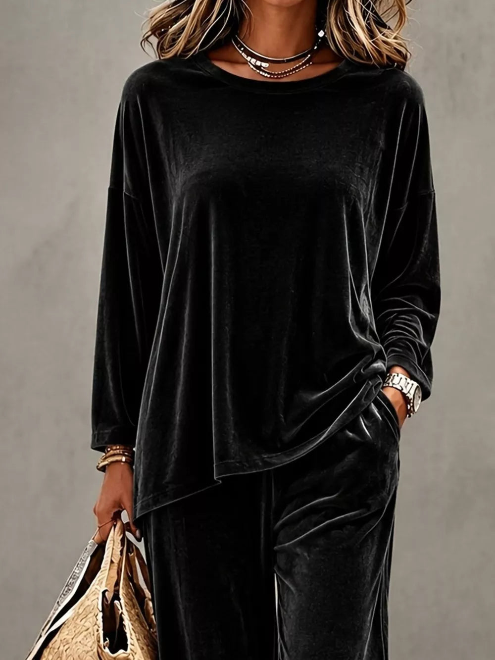 red relaxed top and pants set with round neck