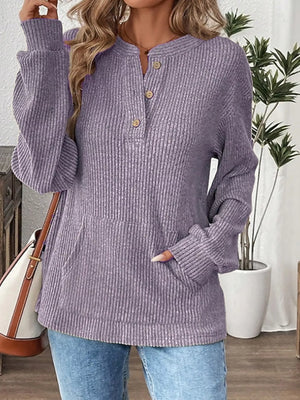 Lavender ribbed long-sleeve top with button detail and pocket