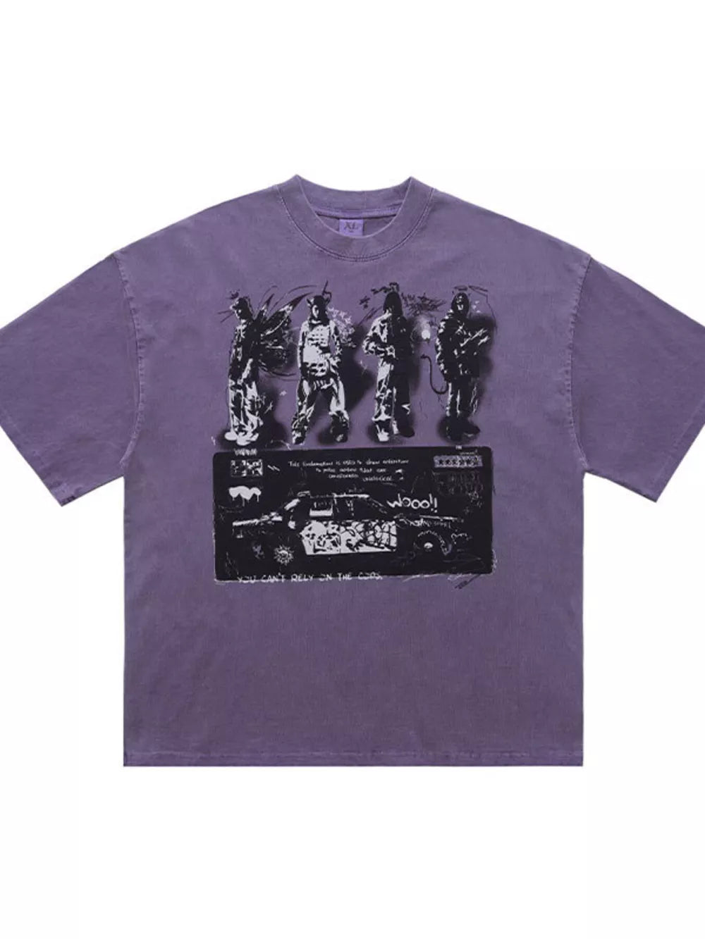 Purple cotton crew neck t-shirt with distressed graphic print of figures and a car.