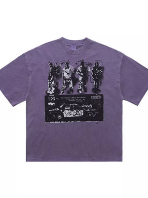 Purple cotton crew neck t-shirt with distressed graphic print of figures and a car.