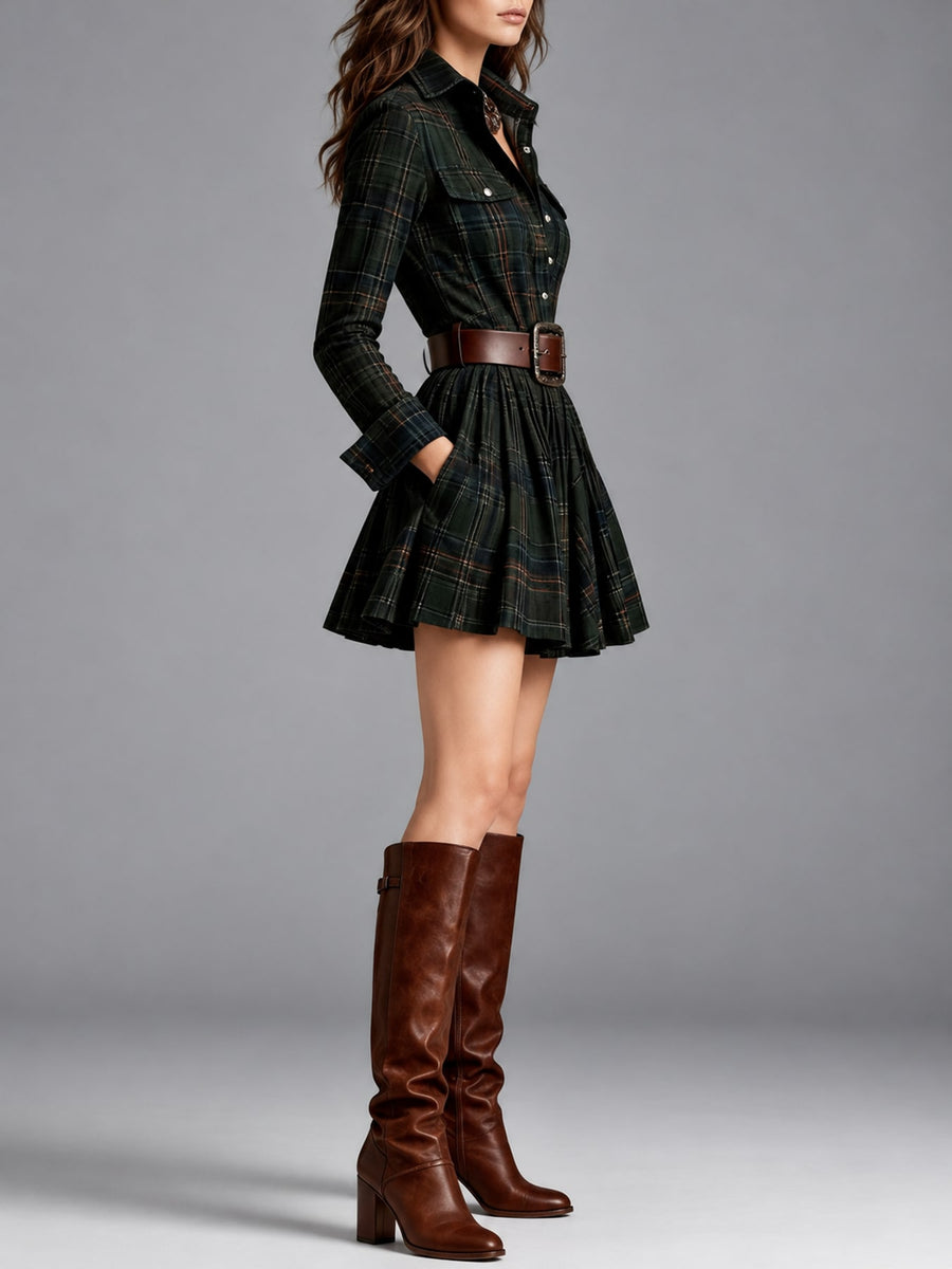 Red Brown (with Belt) shirt dress with button-front and plaid