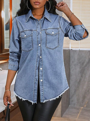 Raw Hem Button Up Denim Shirt in this colorway
