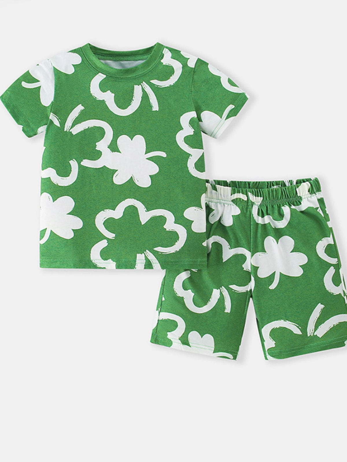 Green toddler clover print t-shirt and shorts set with crew neck and elastic waistband.