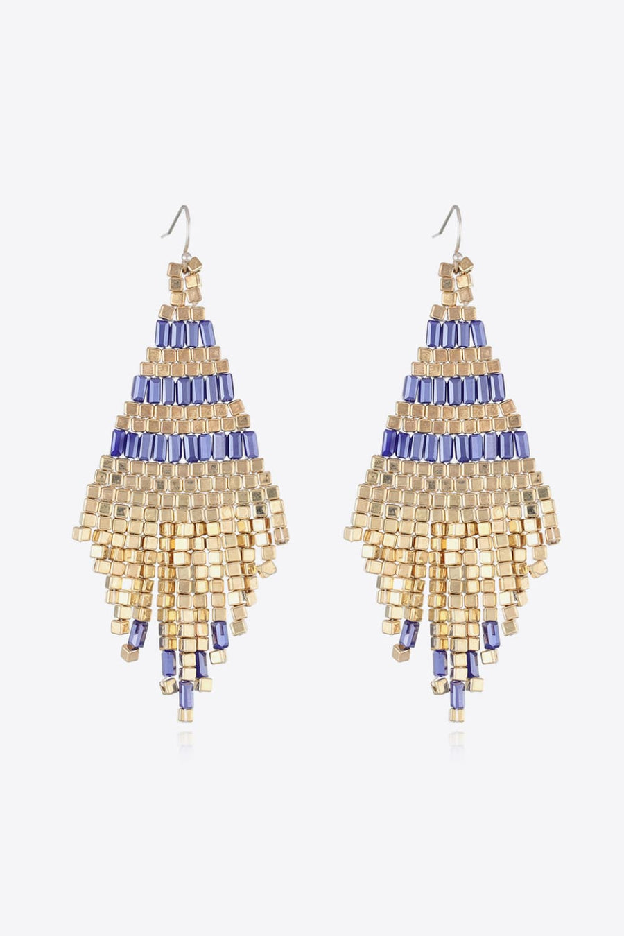 Geometric beaded fringe earrings in gold with dark blue accents, dangling style.