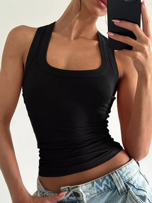 Black ribbed tank top with square neckline and cropped fit.