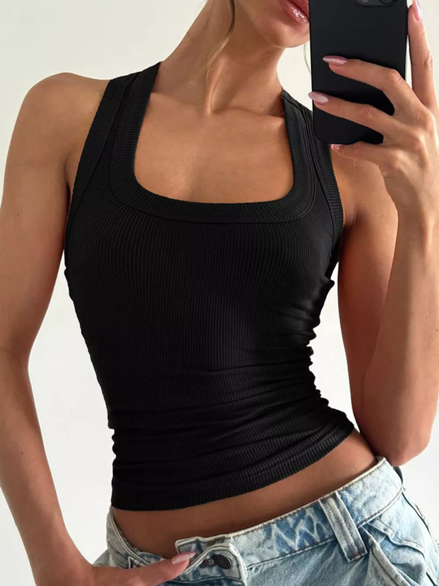 Black ribbed tank top with square neckline and cropped fit.