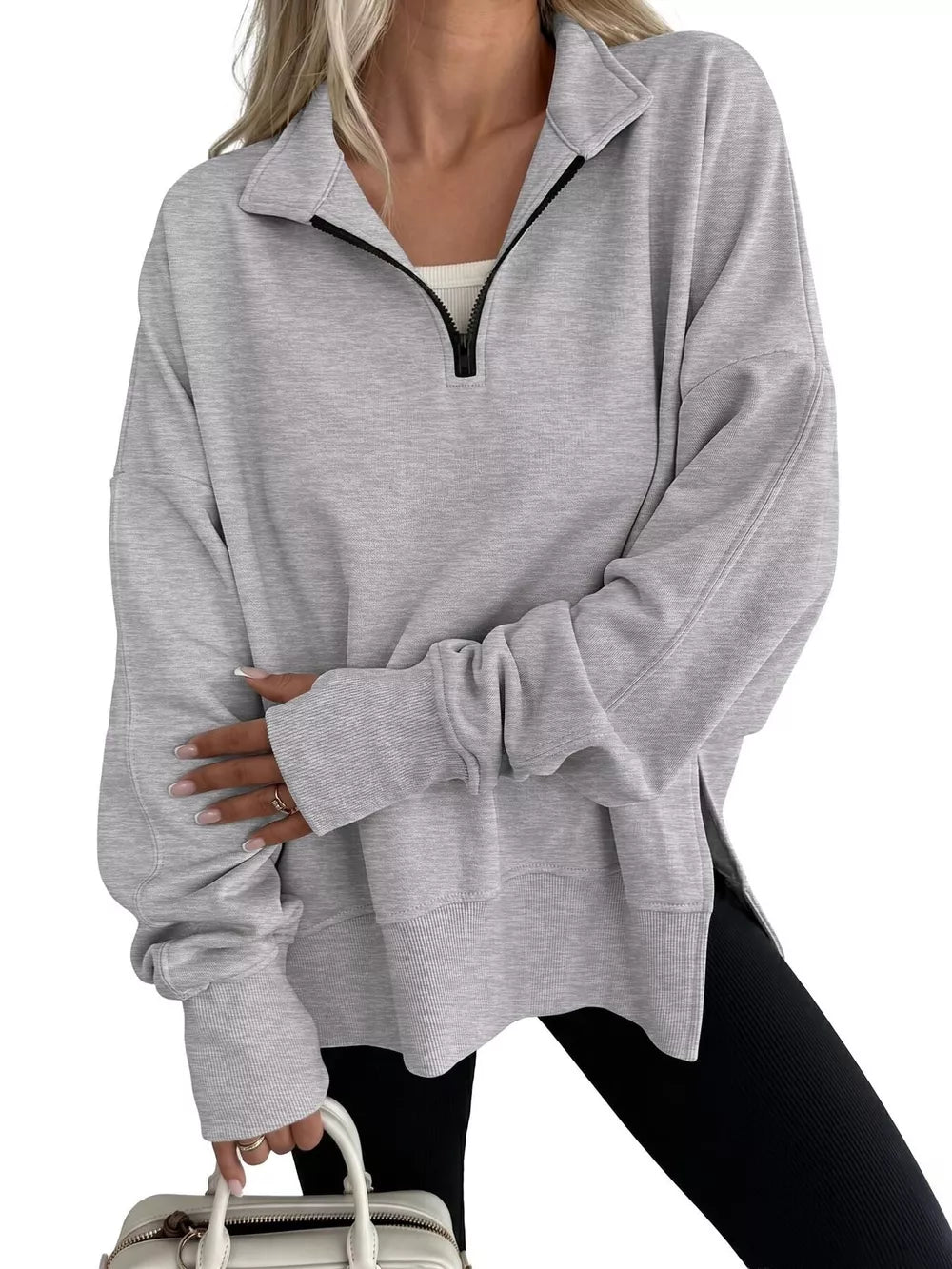 Oversized Long-sleeve Top in taupe with slit