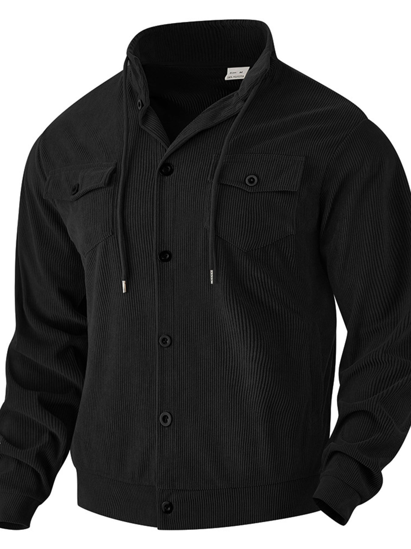Black corduroy shirt jacket with drawstring hood, button front, and chest pockets.
