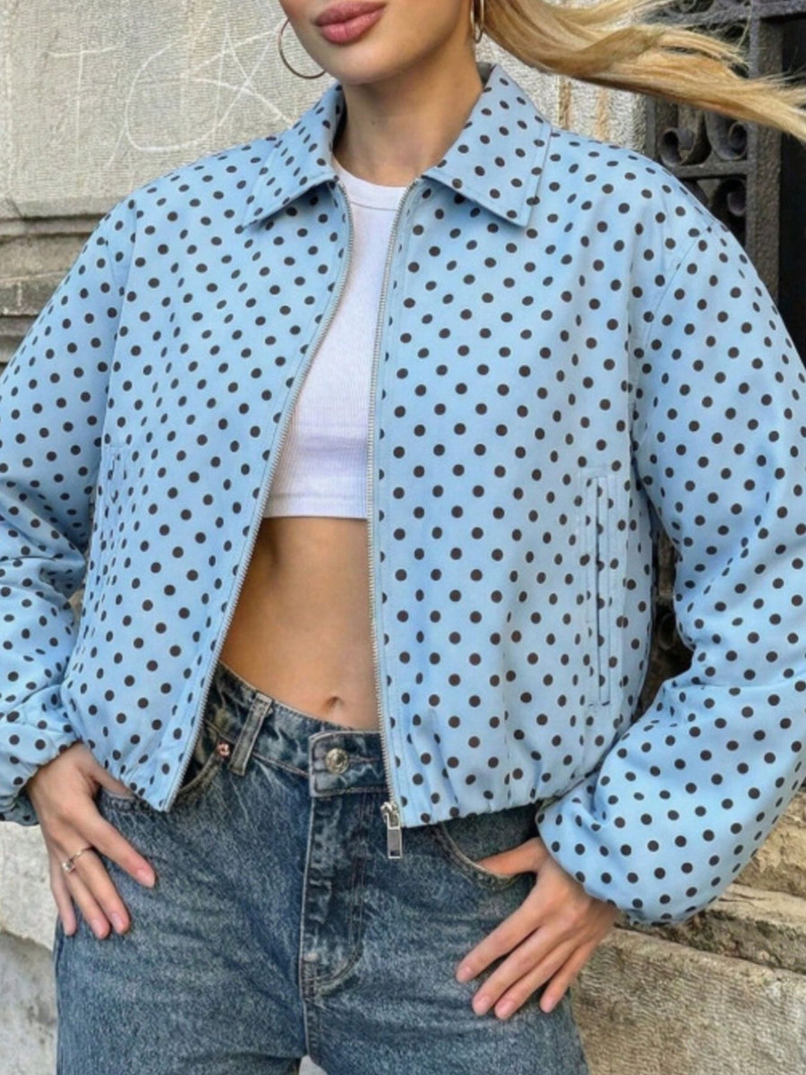 zip-up jacket featuring polka dot in ivory with 100% polyester Care instructions: Machine wash cold texture