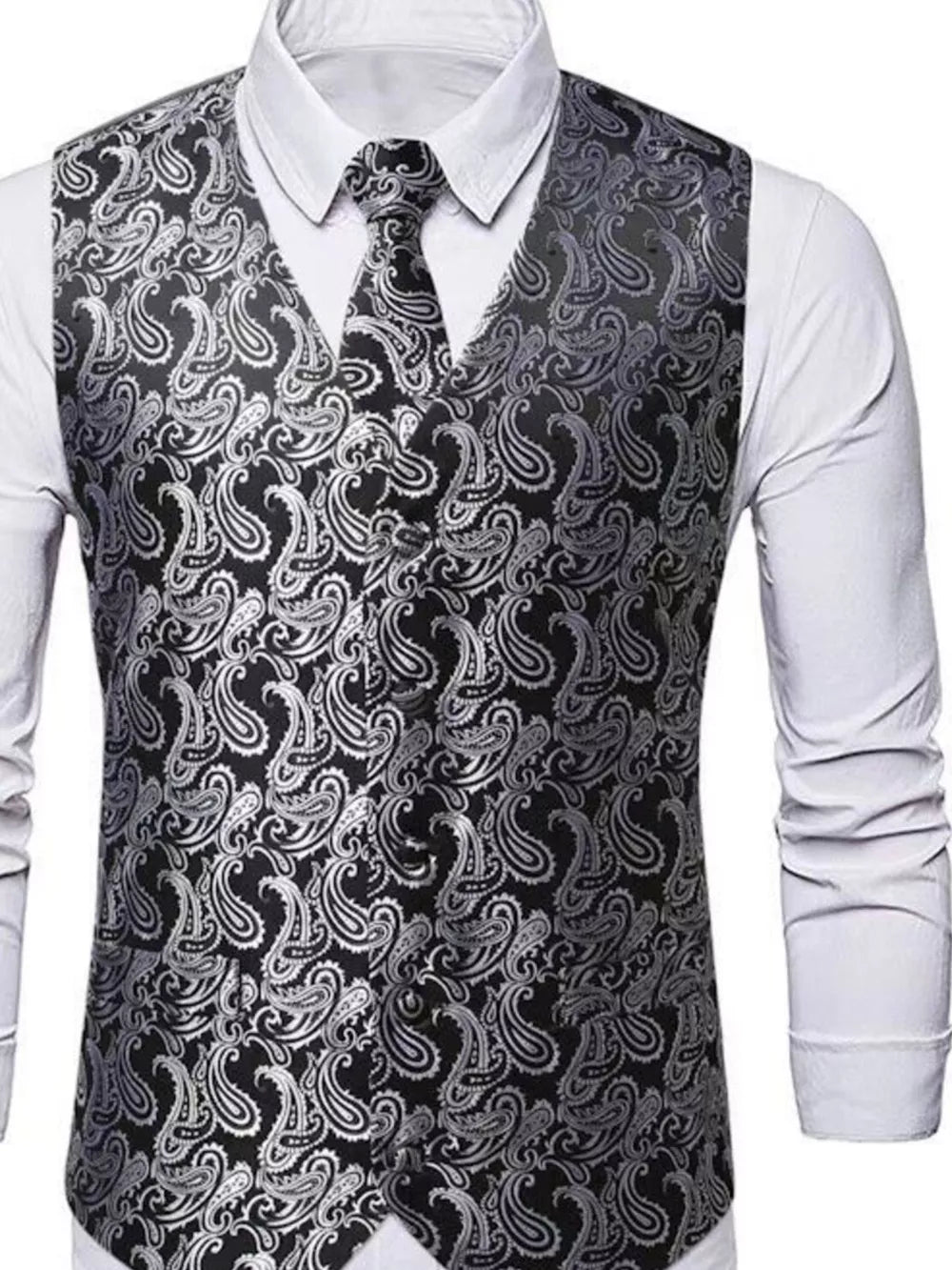 Men's Full Size Paisley Print Button Up Vest in Silver