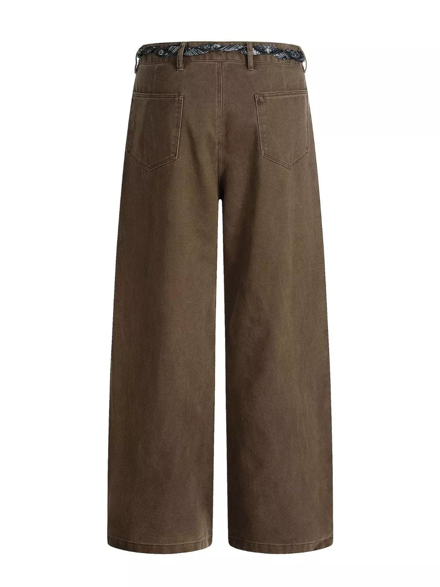 Belted wide-leg maternity pants in dark brown with a patterned belt and two back pockets.