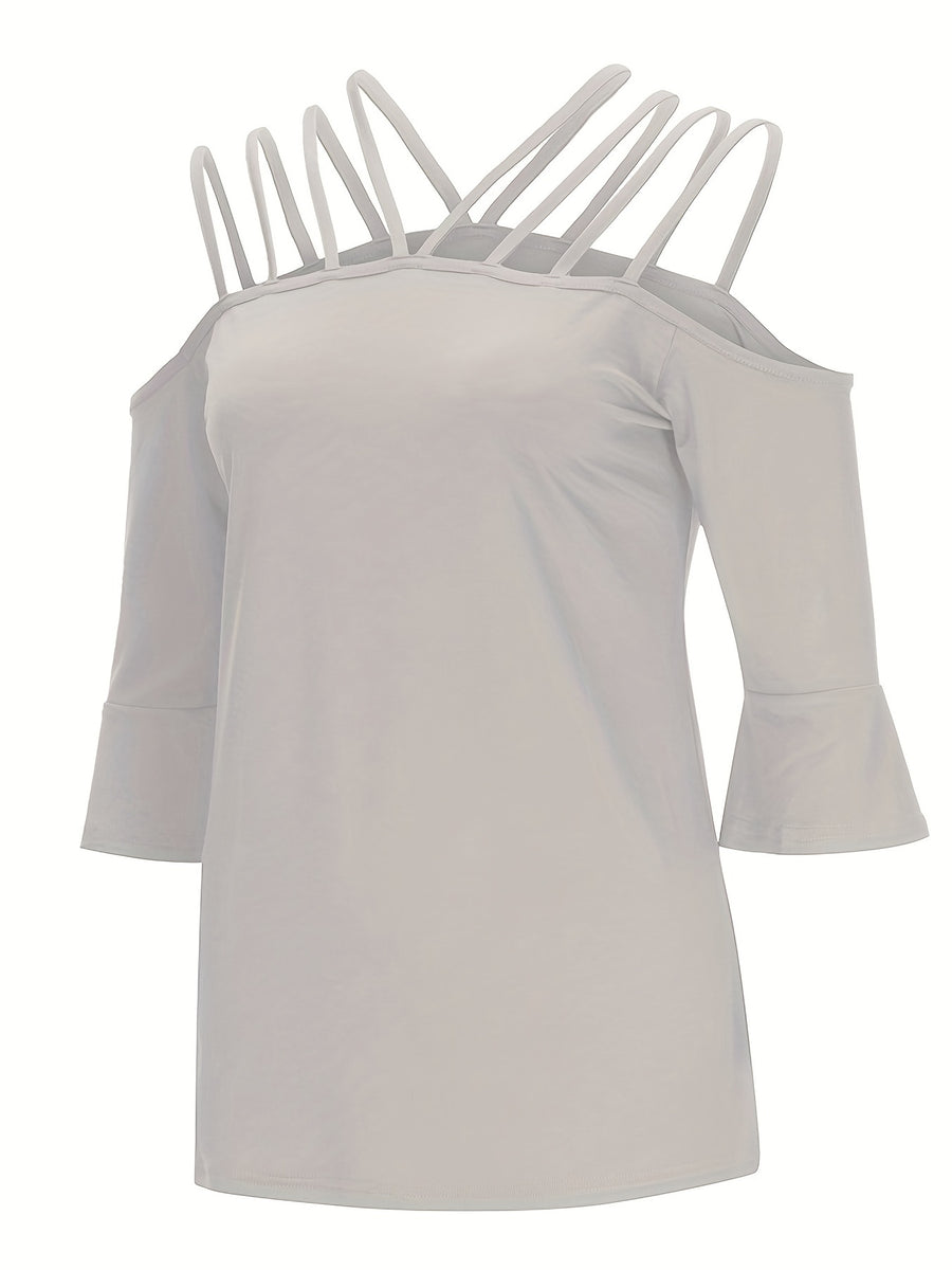 Light gray blouson top with strappy cold shoulder and flared sleeves