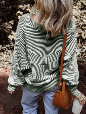 Relaxed ribbed knit sweater with boat neck and stripe pattern in green.