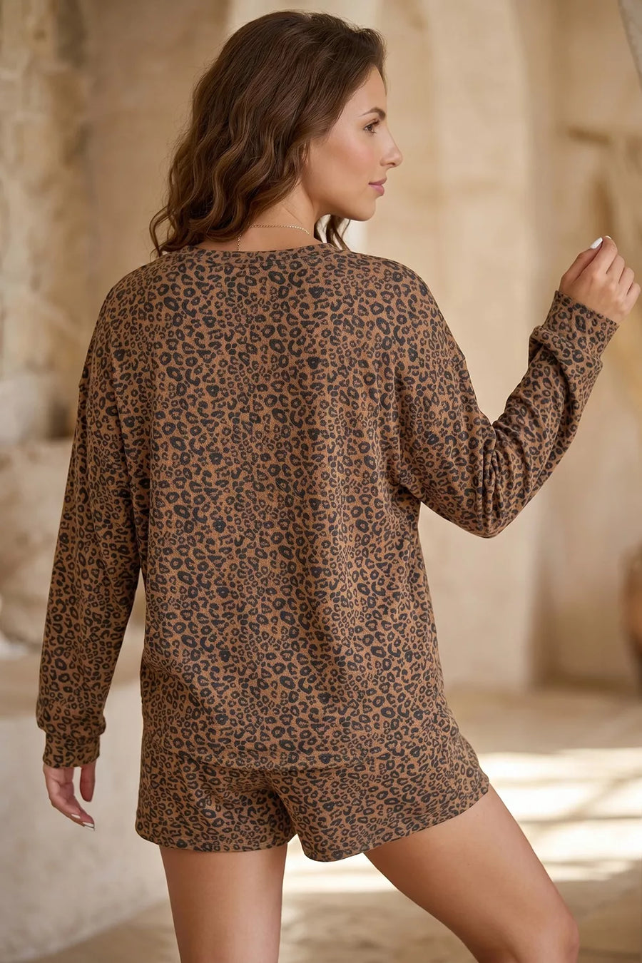 Leopard Print Long Sleeve Henley Top & Shorts Set in Coffee Brown