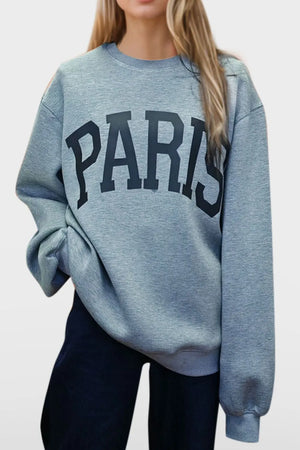 Gray crewneck sweatshirt with black Paris graphic print