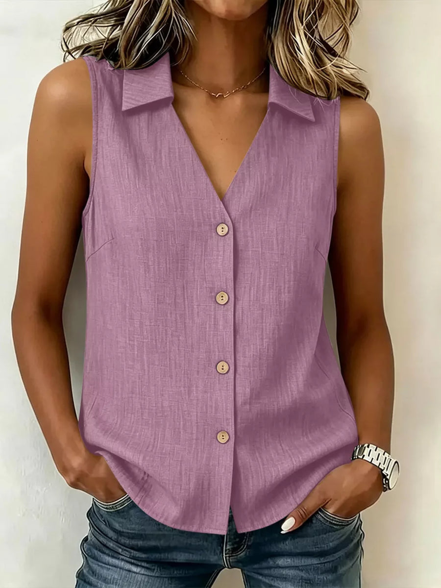 Full Size Button-up Sleeveless Collared Top in Pink
