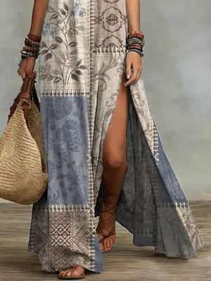 slate blue maxi dress featuring slit and patchwork